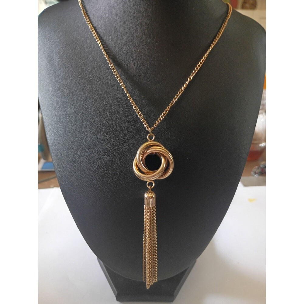 Boho Vintage Long 40 Inch Gold Chain Tassel Necklace, Triple Ring Eternity Knot - Picture 2 of 5